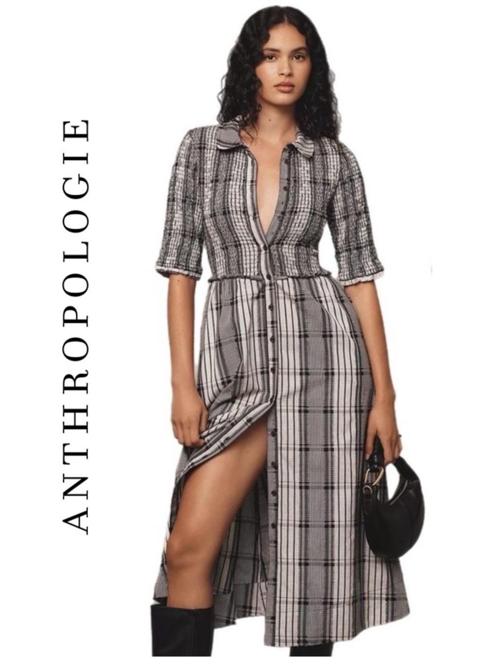 Anthropologie Maeve Short-Sleeve Smocked Midi Shirt Dress